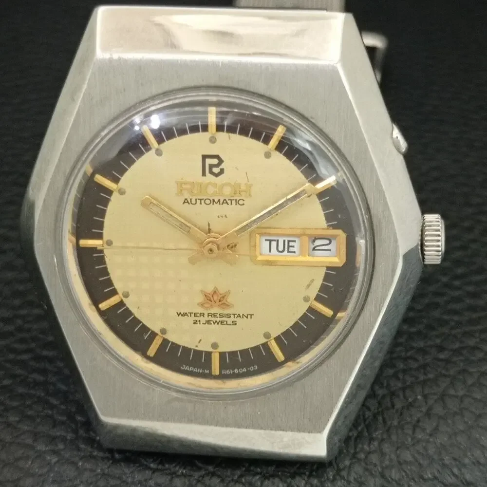 Vintage 1984 Ricoh Automatic Mens Silver Watch W/daydate & Gold accents